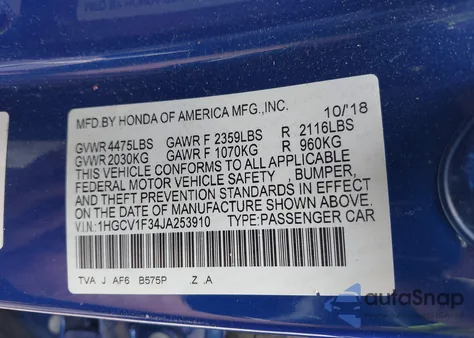 2018 Honda Accord Sport из США, поврежденный, VIN 1HGCV1F34JA253910